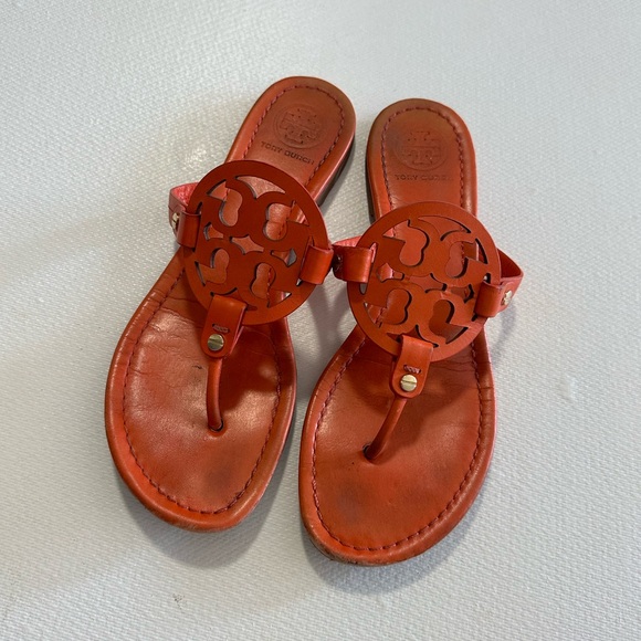 Tory Burch Miller Sandals in Orange Leather Size 9 USED - Picture 3 of 16